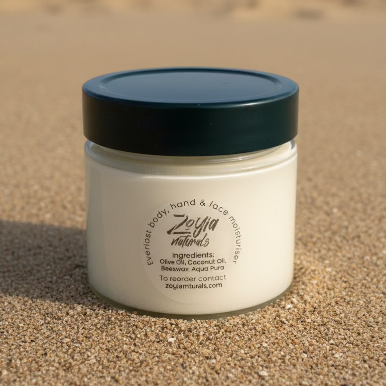 Jar of Zoyia Naturals body, hand and face moisturizer.