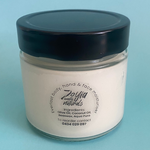 Jar of Zoyia Naturals body, hand and face moisturizer.