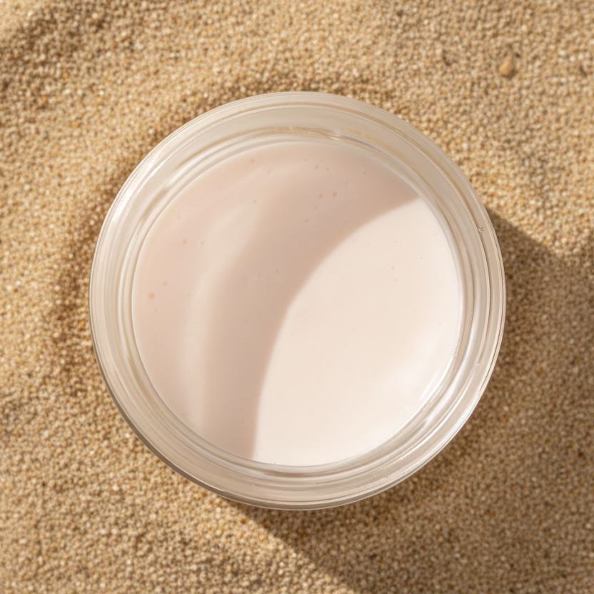 Jar of moisturising cream for body, hand and face. Internal contents.